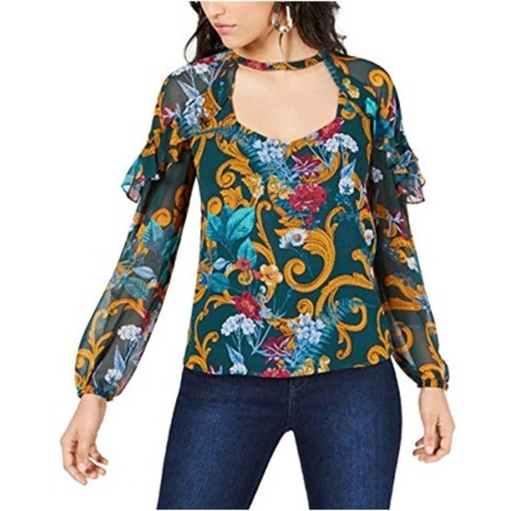 GUESS Women's Kaycee Printed Ruffled Top Green